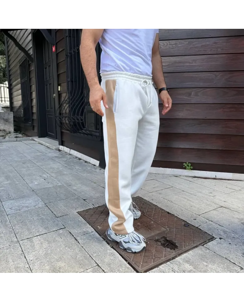 Erkek Üç İplik Kışlık Pamuklu Yandan Garneli Kalın Bej Şeritli Cepli Eşofman Altı - Beyaz