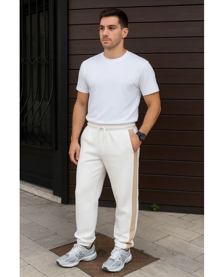 Erkek Üç İplik Kışlık Pamuklu Yandan Garneli Kalın Bej Şeritli Cepli Eşofman Altı - Beyaz