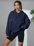 Kadın Uzun Kol Kapşonlu Basic Sweatshirt hoodie - Lacivert