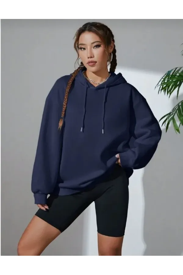 Kadın Uzun Kol Kapşonlu Basic Sweatshirt hoodie - Lacivert