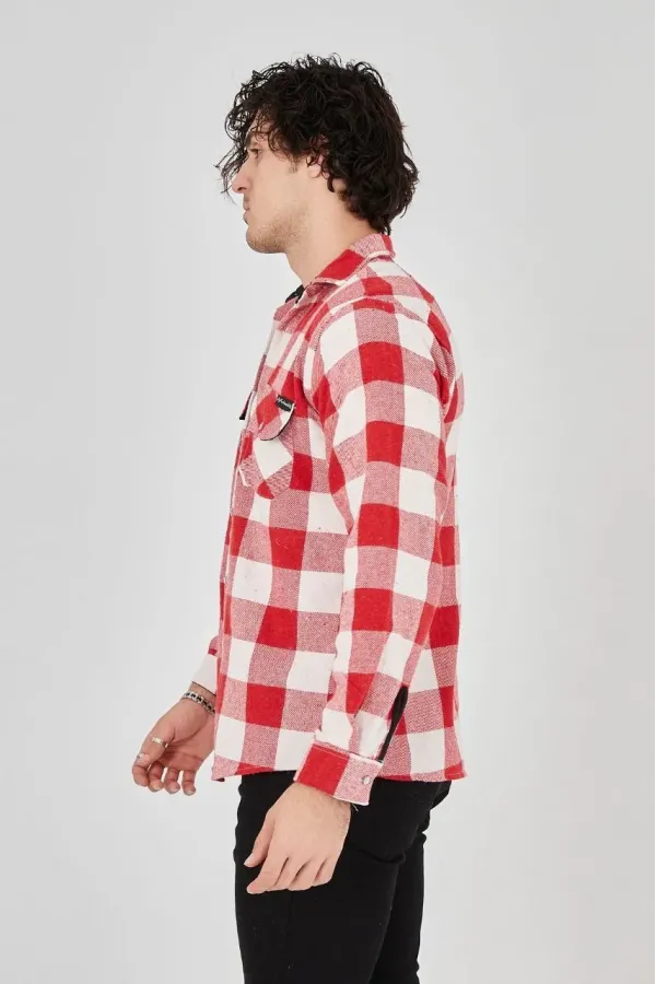 Erkek Oduncu Gömlek Uzun Kollu Şardonlu Kareli Desen Regular Fit Manşetli Çift - Kırmızı