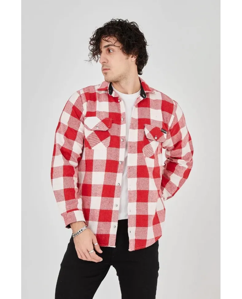 Erkek Oduncu Gömlek Uzun Kollu Şardonlu Kareli Desen Regular Fit Manşetli Çift - Kırmızı