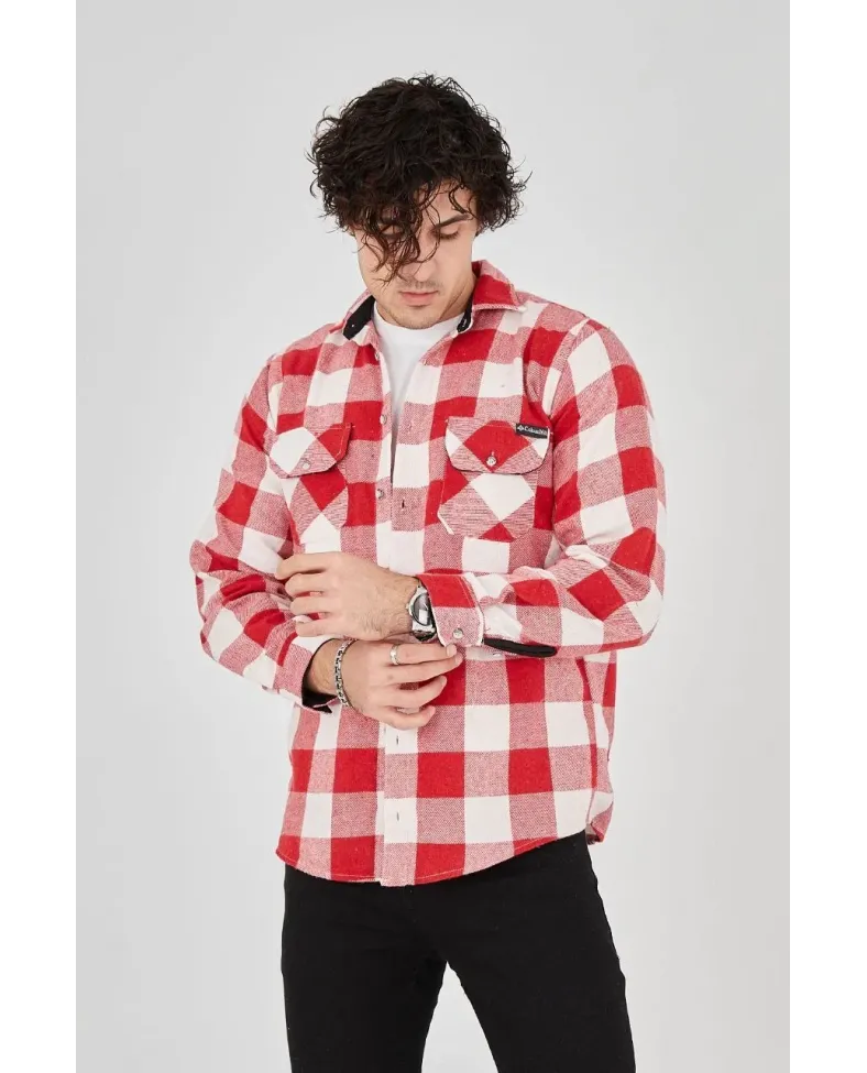 Erkek Oduncu Gömlek Uzun Kollu Şardonlu Kareli Desen Regular Fit Manşetli Çift - Kırmızı