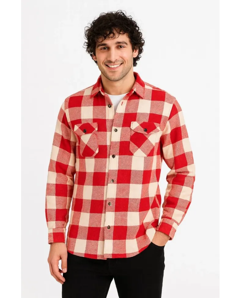 Erkek Oduncu Gömlek Uzun Kollu Şardonlu Kareli Desen Regular Fit Manşetli Çift - Kırmızı