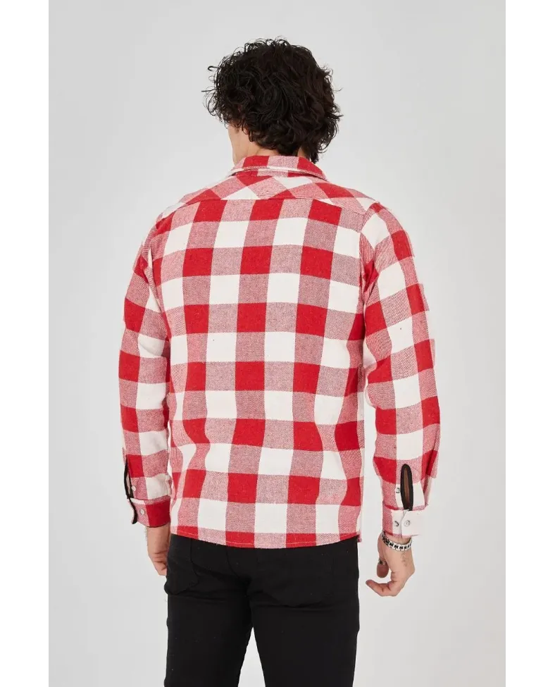 Erkek Oduncu Gömlek Uzun Kollu Şardonlu Kareli Desen Regular Fit Manşetli Çift - Kırmızı
