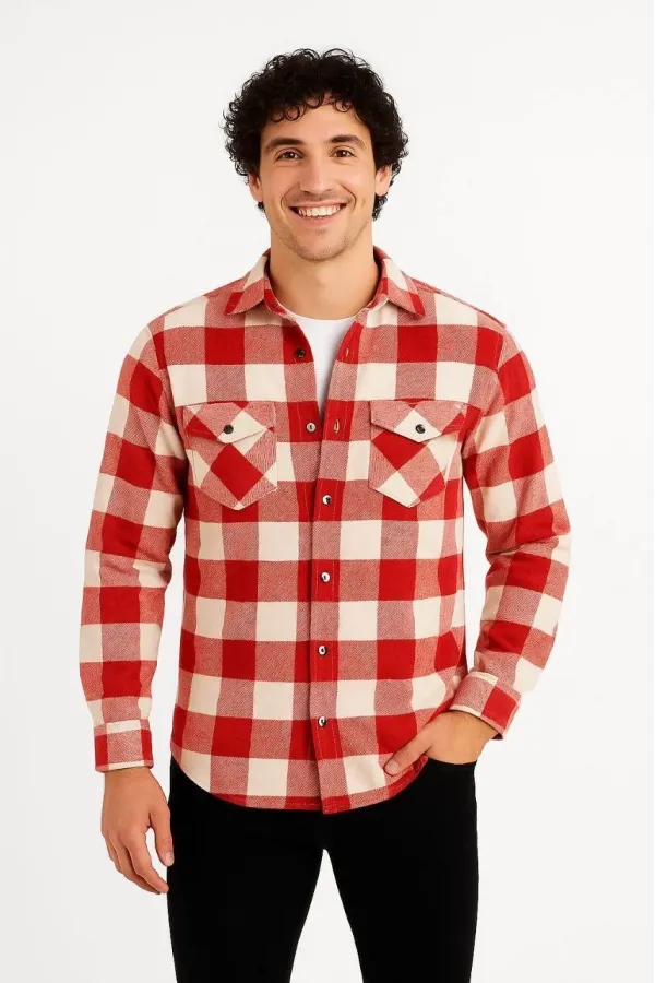 Erkek Oduncu Gömlek Uzun Kollu Şardonlu Kareli Desen Regular Fit Manşetli Çift - Kırmızı