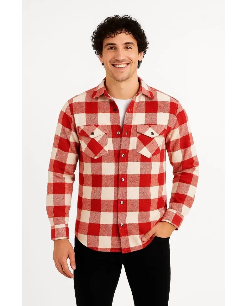 Erkek Oduncu Gömlek Uzun Kollu Şardonlu Kareli Desen Regular Fit Manşetli Çift - Kırmızı