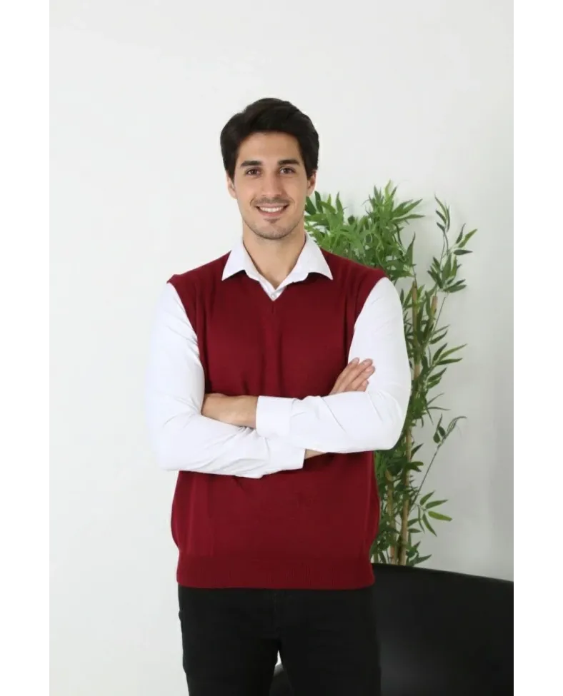 Erkek V Yaka Kolsuz Süveter Triko Kazak yumuşak dokulu Pamuklu ince Dokuma Regular - Bordo