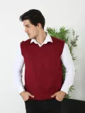 Erkek V Yaka Kolsuz Süveter Triko Kazak yumuşak dokulu Pamuklu ince Dokuma Regular - Bordo
