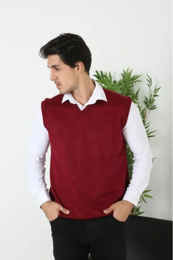Erkek V Yaka Kolsuz Süveter Triko Kazak yumuşak dokulu Pamuklu ince Dokuma Regular - Bordo