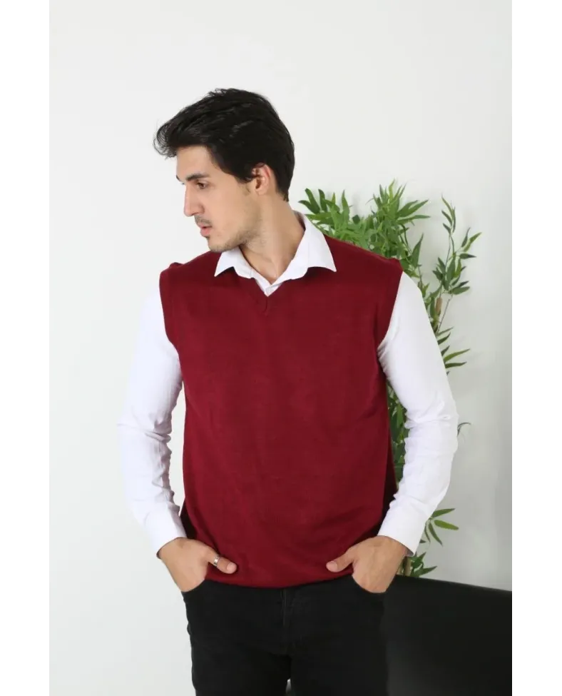 Erkek V Yaka Kolsuz Süveter Triko Kazak yumuşak dokulu Pamuklu ince Dokuma Regular - Bordo