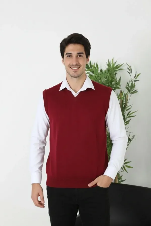 Erkek V Yaka Kolsuz Süveter Triko Kazak yumuşak dokulu Pamuklu ince Dokuma Regular - Bordo