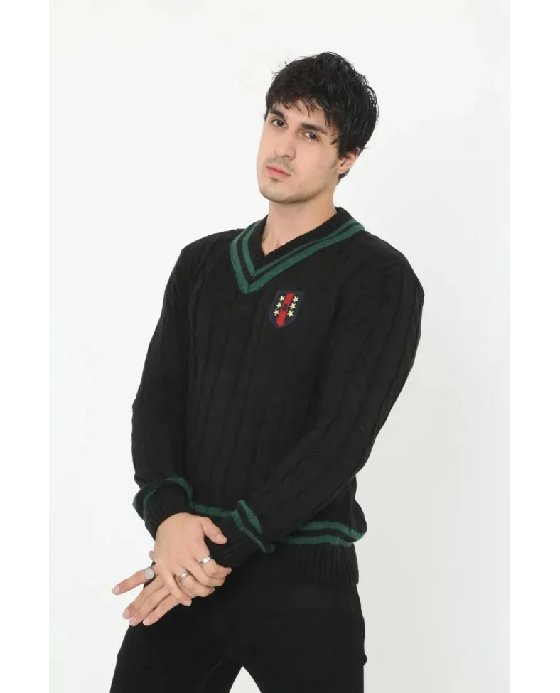 Erkek V Yaka Örgülü Kazak - Siyah