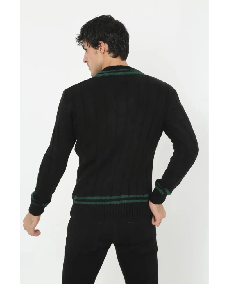 Erkek V Yaka Örgülü Kazak - Siyah