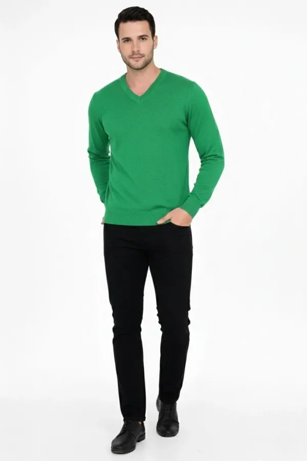 Erkek V Yaka Triko Kazak yumuşak dokulu Pamuklu ince Dokuma uzun kollu - Çimen Yeşili