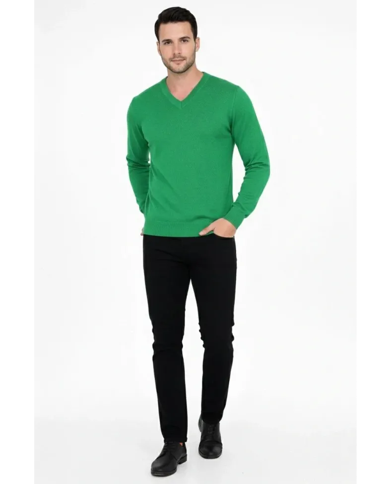 Erkek V Yaka Triko Kazak yumuşak dokulu Pamuklu ince Dokuma uzun kollu - Çimen Yeşili