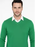 Erkek V Yaka Triko Kazak yumuşak dokulu Pamuklu ince Dokuma uzun kollu - Çimen Yeşili