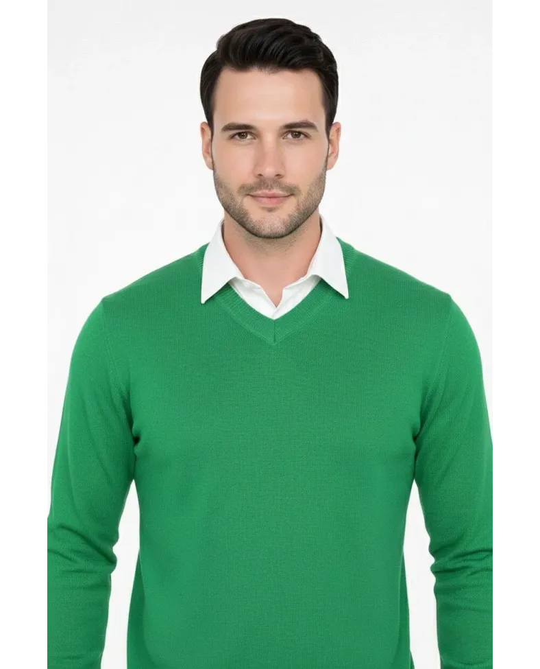 Erkek V Yaka Triko Kazak yumuşak dokulu Pamuklu ince Dokuma uzun kollu - Çimen Yeşili