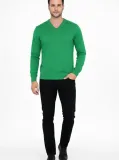 Erkek V Yaka Triko Kazak yumuşak dokulu Pamuklu ince Dokuma uzun kollu - Çimen Yeşili