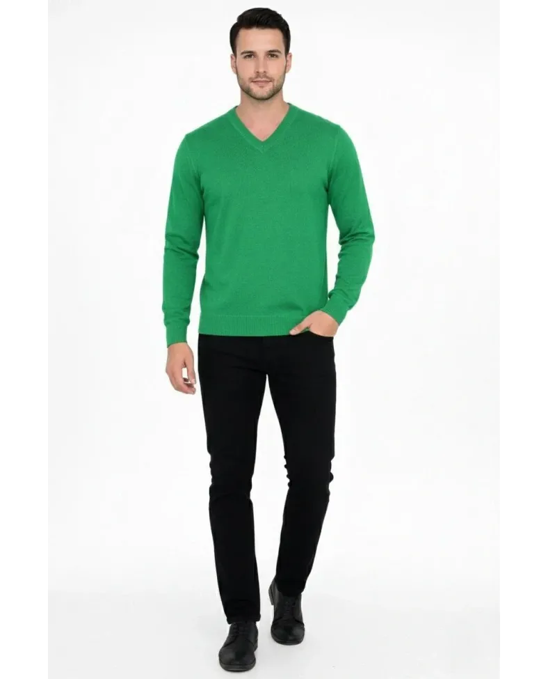Erkek V Yaka Triko Kazak yumuşak dokulu Pamuklu ince Dokuma uzun kollu - Çimen Yeşili