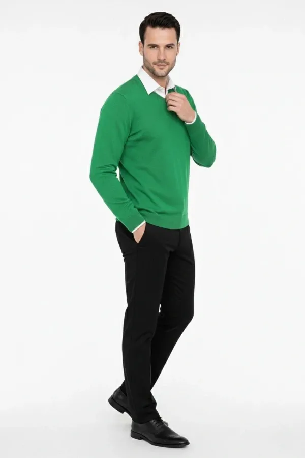 Erkek V Yaka Triko Kazak yumuşak dokulu Pamuklu ince Dokuma uzun kollu - Çimen Yeşili