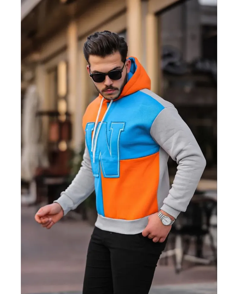 Erkek W Nakış İşlemeli Kapüşonlu Sweatshirt - Mavi