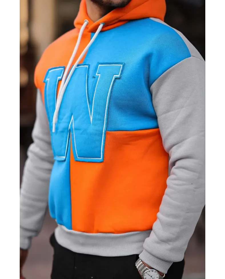 Erkek W Nakış İşlemeli Kapüşonlu Sweatshirt - Mavi