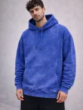 Erkek Yağ Yıkamalı Kapşonlu Double Oversize Üç İplik Pamuklu Sweatshirt - Mavi