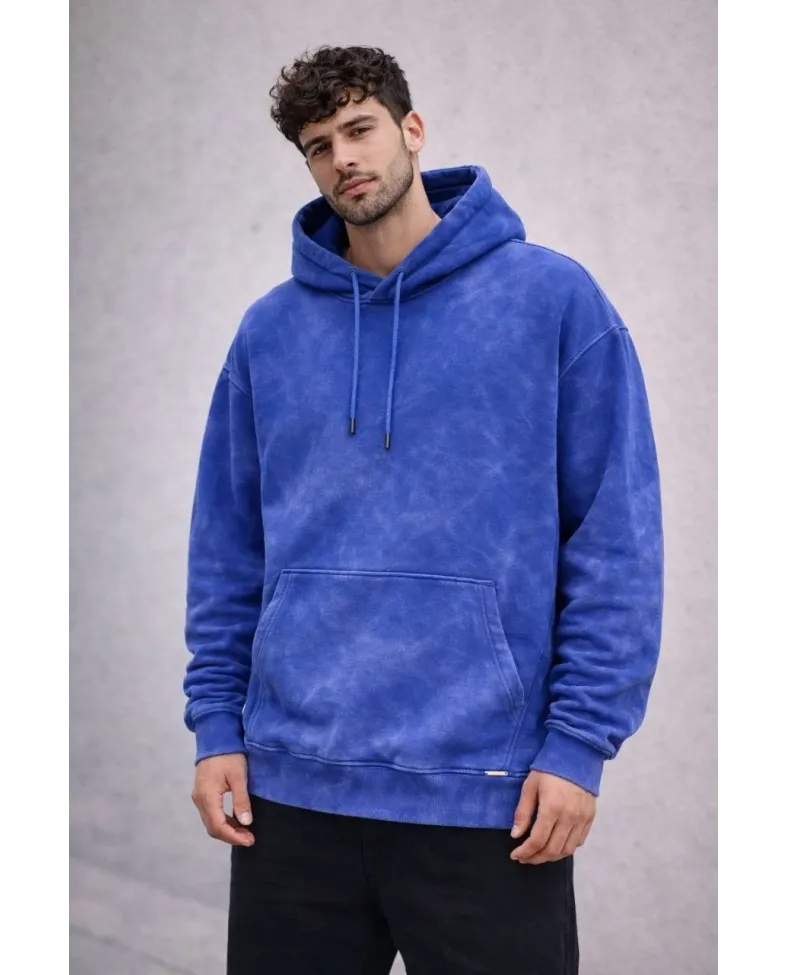 Erkek Yağ Yıkamalı Kapşonlu Double Oversize Üç İplik Pamuklu Sweatshirt - Mavi