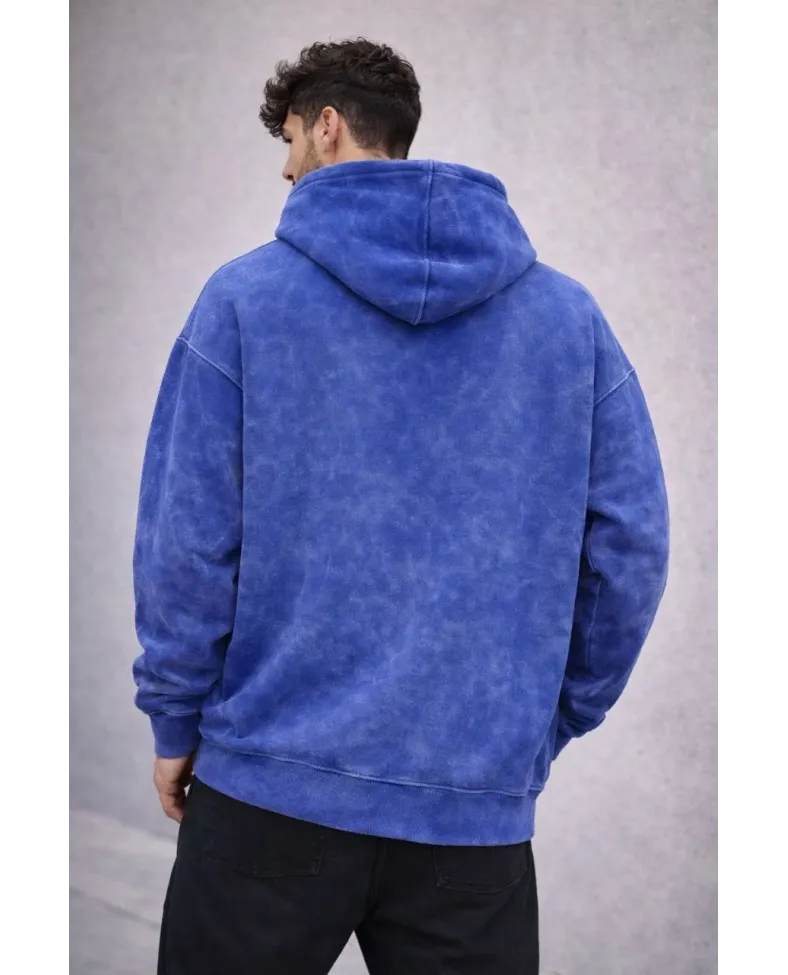 Erkek Yağ Yıkamalı Kapşonlu Double Oversize Üç İplik Pamuklu Sweatshirt - Mavi