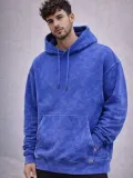 Erkek Yağ Yıkamalı Kapşonlu Double Oversize Üç İplik Pamuklu Sweatshirt - Mavi