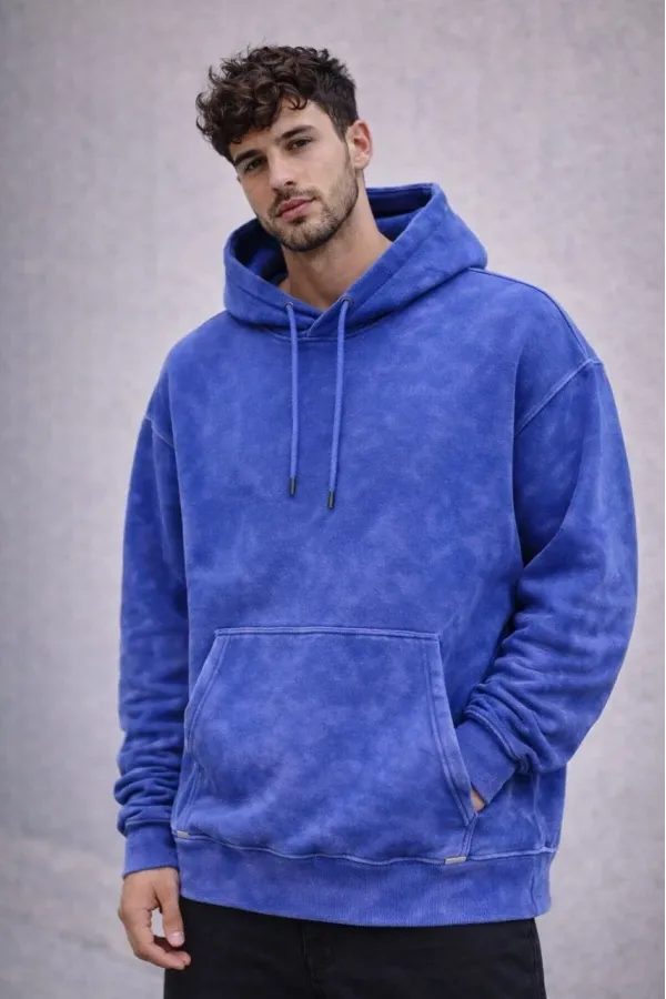 Erkek Yağ Yıkamalı Kapşonlu Double Oversize Üç İplik Pamuklu Sweatshirt - Mavi