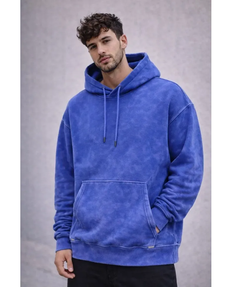 Erkek Yağ Yıkamalı Kapşonlu Double Oversize Üç İplik Pamuklu Sweatshirt - Mavi