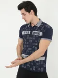 Erkek Yakalı Slim Fit Baskılı T-Shirt - Lacivert