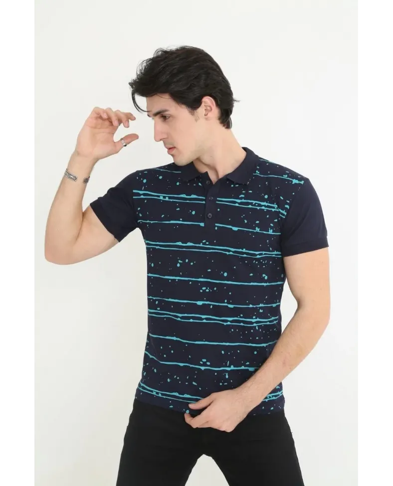 Erkek polo Yaka tişört Slim Fit Pike Çizgili  Kısa kol T-Shirt - Lacivert