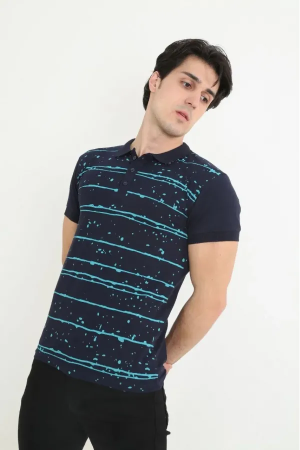 Erkek polo Yaka tişört Slim Fit Pike Çizgili  Kısa kol T-Shirt - Lacivert
