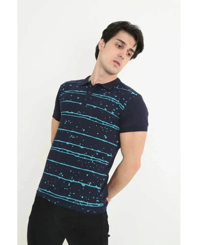 Erkek polo Yaka tişört Slim Fit Pike Çizgili  Kısa kol T-Shirt - Lacivert