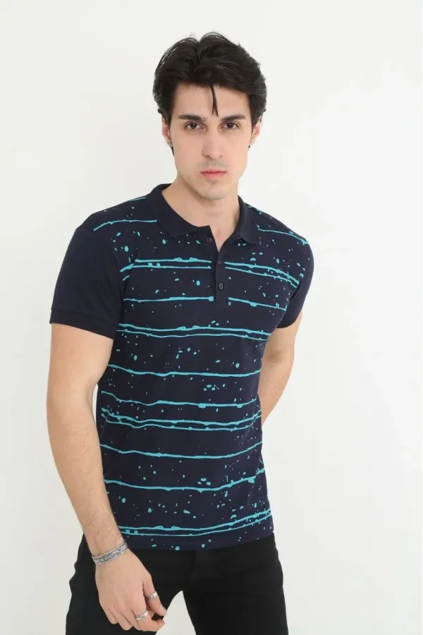 Erkek polo Yaka tişört Slim Fit Pike Çizgili  Kısa kol T-Shirt - Lacivert