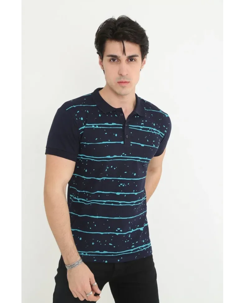 Erkek polo Yaka tişört Slim Fit Pike Çizgili  Kısa kol T-Shirt - Lacivert