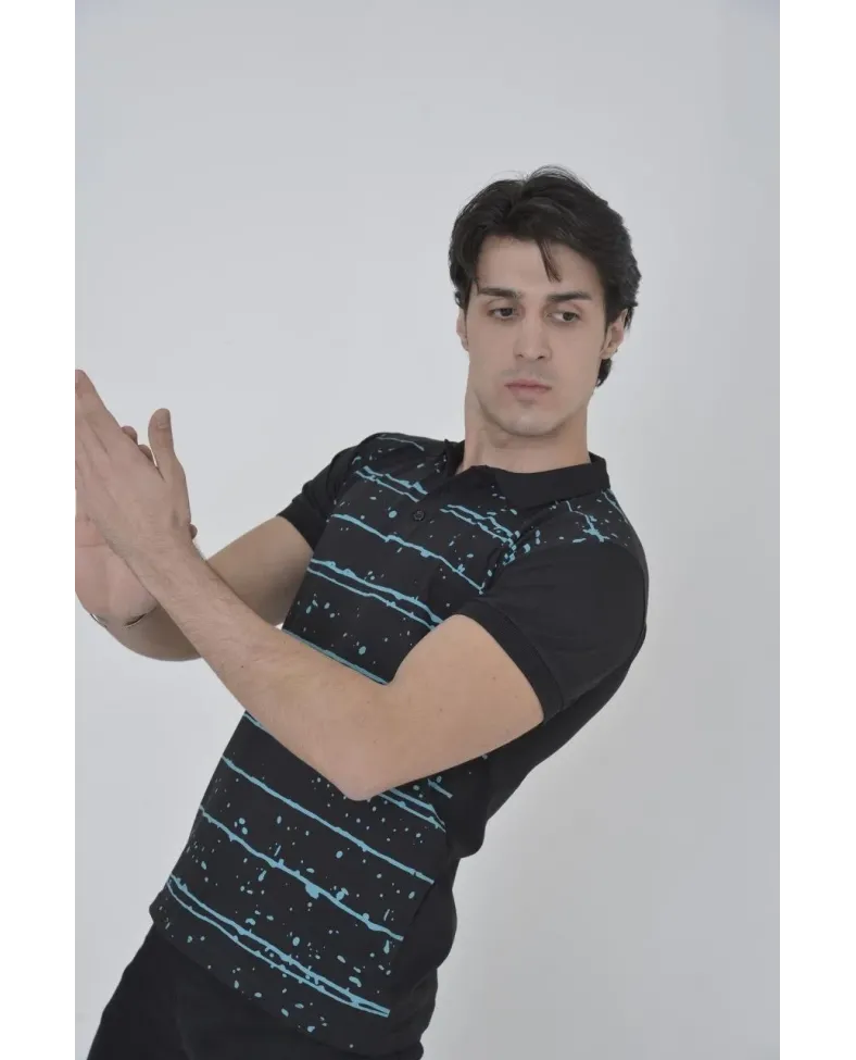 Erkek Yakalı Slim Fit Pike Çizgili T-Shirt - Siyah