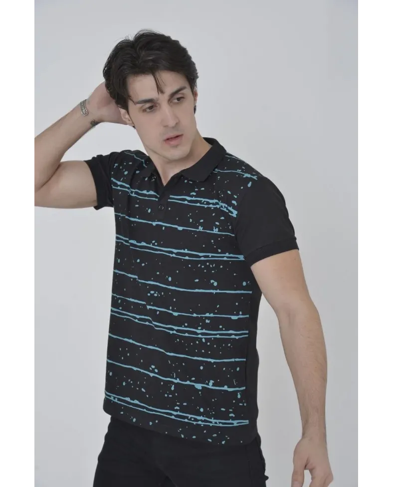 Erkek Yakalı Slim Fit Pike Çizgili T-Shirt - Siyah