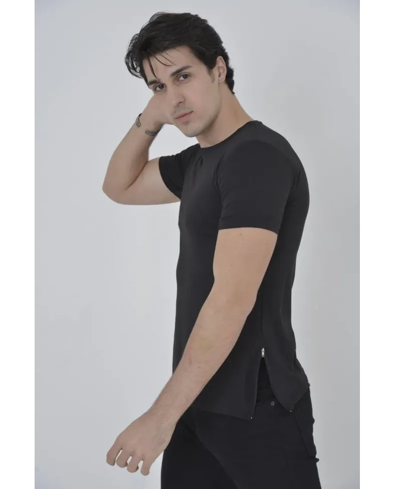 Erkek Yanlardan Fermuarlı T-Shirt Kısa Kol Bisiklet Yaka Slimfit Tişört   - Siyah Somersan Giyim | Kadın, Erkek ve Çocuk Moda