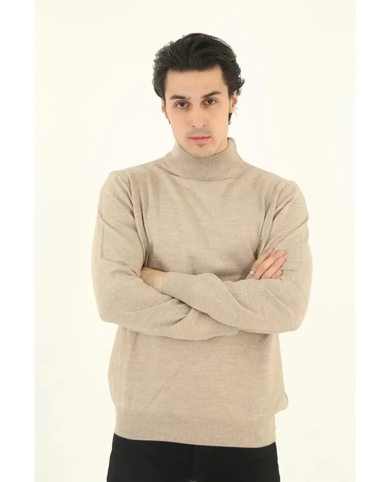 Erkek Yarım Balıkçı Yaka Triko Kazak - Bej
