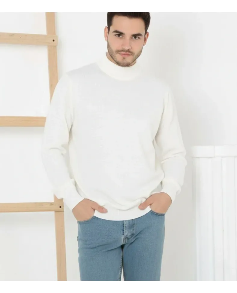 Erkek Yarım Boğaz Triko Yumuşak İnce Dokulu Pamuklu Uzun Kollu Kazak - Beyaz Somersan Giyim | Kadın, Erkek ve Çocuk Moda