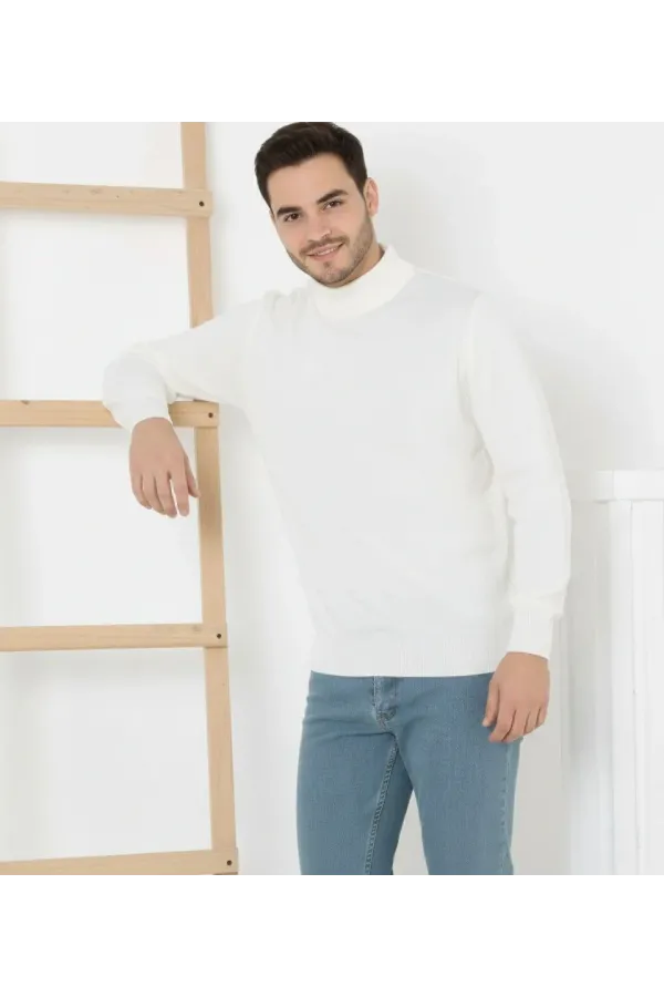 Erkek Yarım Boğaz Triko Yumuşak İnce Dokulu Pamuklu Uzun Kollu Kazak - Beyaz