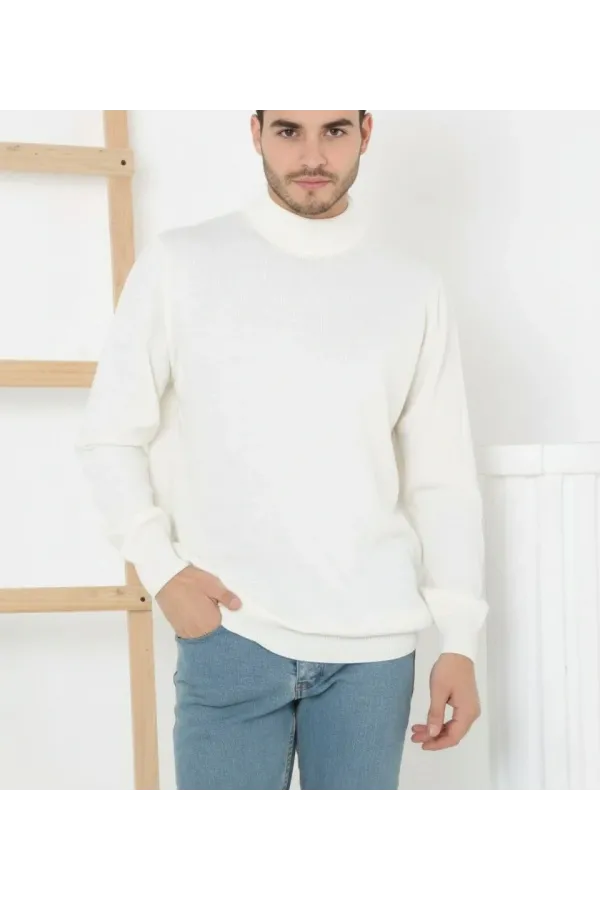 Erkek Yarım Boğaz Triko Yumuşak İnce Dokulu Pamuklu Uzun Kollu Kazak - Beyaz