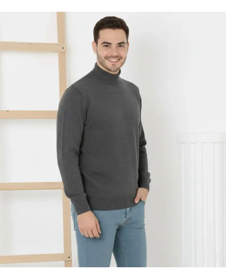 Erkek Yarım Boğaz Triko Kazak yumuşak dokulu Pamuklu ince Dokuma uzun kollu Regular - Füme