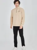 Erkek Yarım Fermuarlı Baskılı 3 iplik pamuklu sweatshirt - Bej