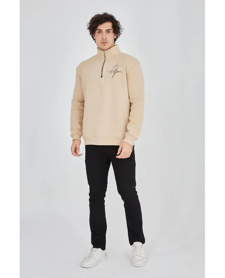 Erkek Yarım Fermuarlı Baskılı 3 iplik pamuklu sweatshirt - Bej