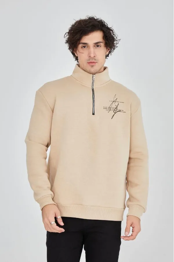 Erkek Yarım Fermuarlı Baskılı 3 iplik pamuklu sweatshirt - Bej